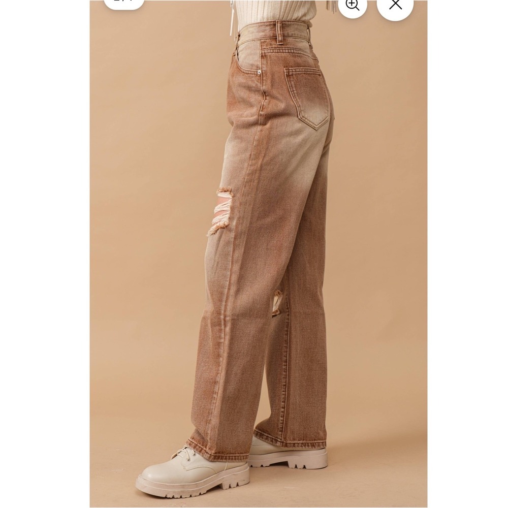 Flamingals Womens High Waisted Distressed Straight Leg Jeans Ginger Brown NWT md